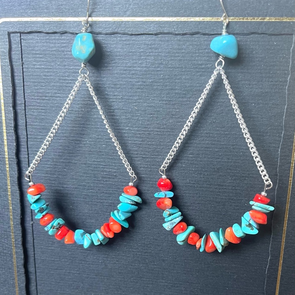 Turquoise and Coral Chip Drop Earrings -4-Inch, Silver-Plated boho chic earrings
